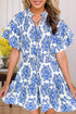 Damask Print Smocked Waist Flutter Sleeve Dress