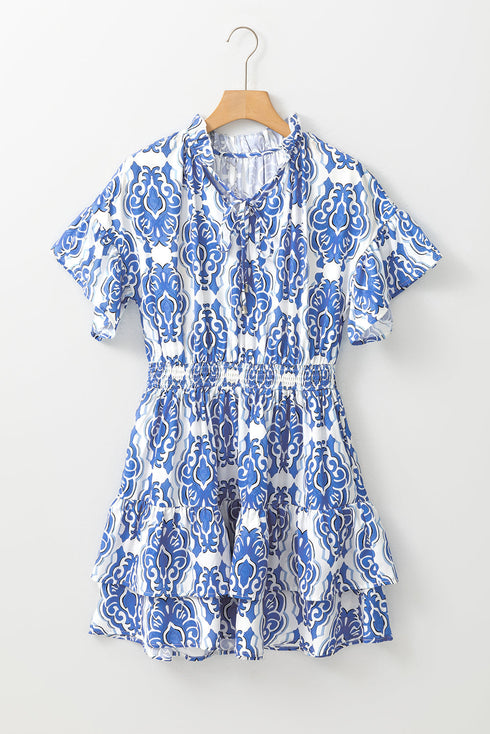 Damask Print Smocked Waist Flutter Sleeve Dress