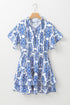 Damask Print Smocked Waist Flutter Sleeve Dress
