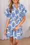 Damask Print Smocked Waist Flutter Sleeve Dress
