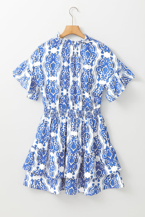 Damask Print Smocked Waist Flutter Sleeve Dress