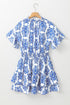 Damask Print Smocked Waist Flutter Sleeve Dress