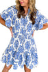 Damask Print Smocked Waist Flutter Sleeve Dress