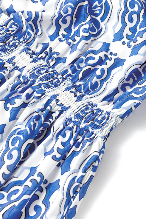 Damask Print Smocked Waist Flutter Sleeve Dress
