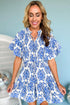 Damask Print Smocked Waist Flutter Sleeve Dress