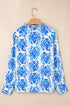 Damask Print Tie Neck Button Front Blouse