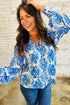 Damask Print Tie Neck Button Front Blouse