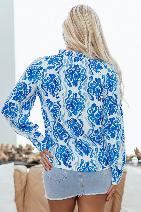 Damask Print Tie Neck Button Front Blouse