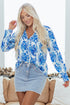Damask Print Tie Neck Button Front Blouse