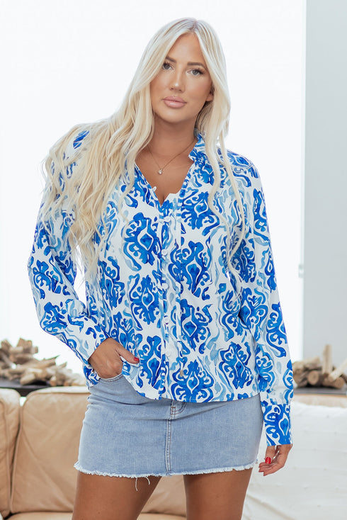 Damask Print Tie Neck Button Front Blouse
