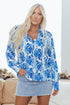 Damask Print Tie Neck Button Front Blouse
