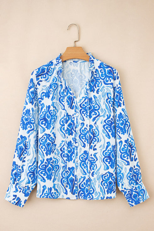 Damask Print Tie Neck Button Front Blouse