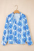Damask Print Tie Neck Button Front Blouse
