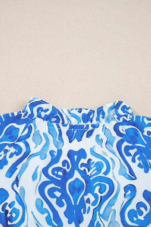 Damask Print Tie Neck Button Front Blouse