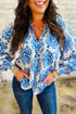 Damask Print Tie Neck Button Front Blouse