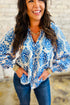 Damask Print Tie Neck Button Front Blouse