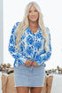 Damask Print Tie Neck Button Front Blouse