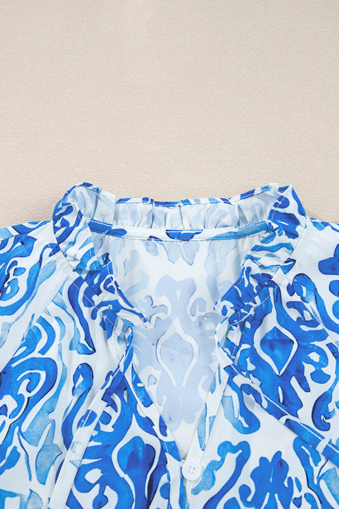 Damask Print Tie Neck Button Front Blouse