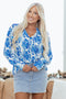 Damask Print Tie Neck Button Front Blouse