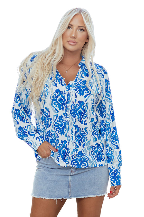 Damask Print Tie Neck Button Front Blouse