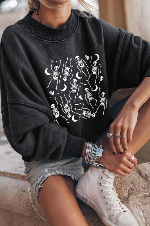 Dancing Skeleton And Moon Graphic Print Pullover Sweatshirt
