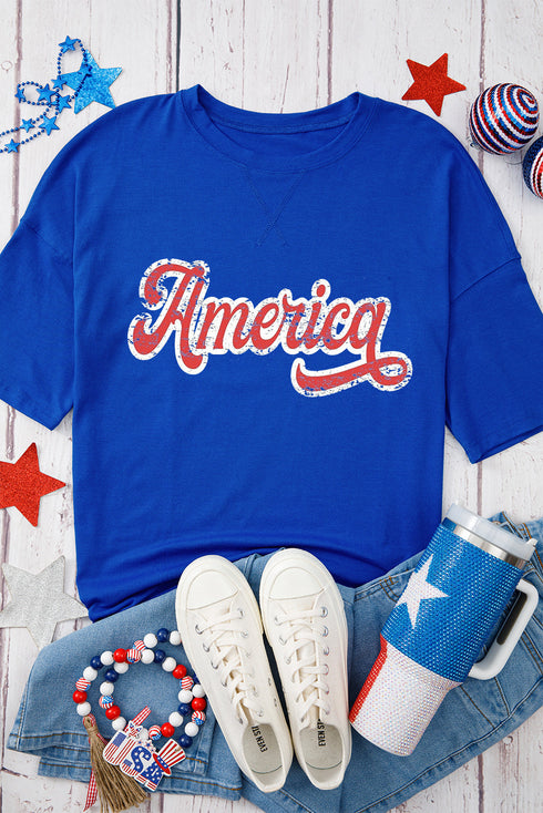 Dark Blue Contrast America Graphic Drop Shoulder Tee