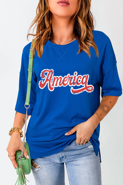 Dark Blue Contrast America Graphic Drop Shoulder Tee