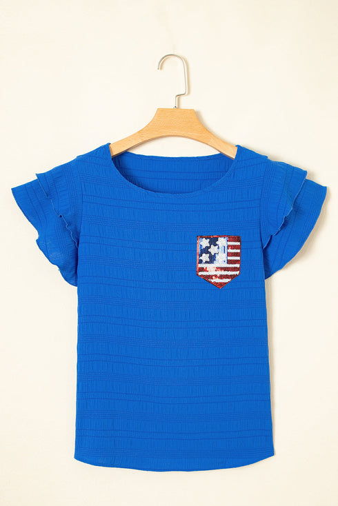 Dark Blue Textured Sequin Stars and Stripes Patched Ruffled Short Sleeve Blouse