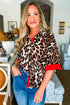 Dark Brown Contrast Trim Patchwork Leopard Print Half Sleeve Shirt