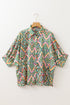 Dark Green Abstract Print Half Sleeve Button up Loose Shirt