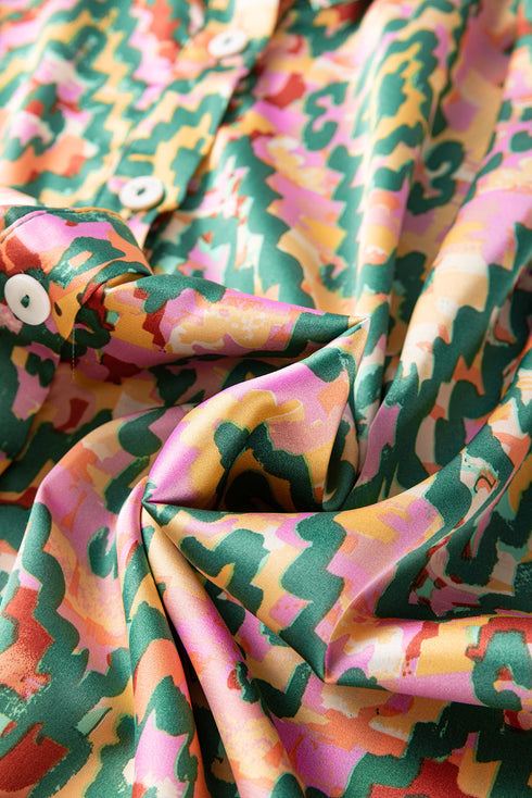 Dark Green Abstract Print Half Sleeve Button up Loose Shirt