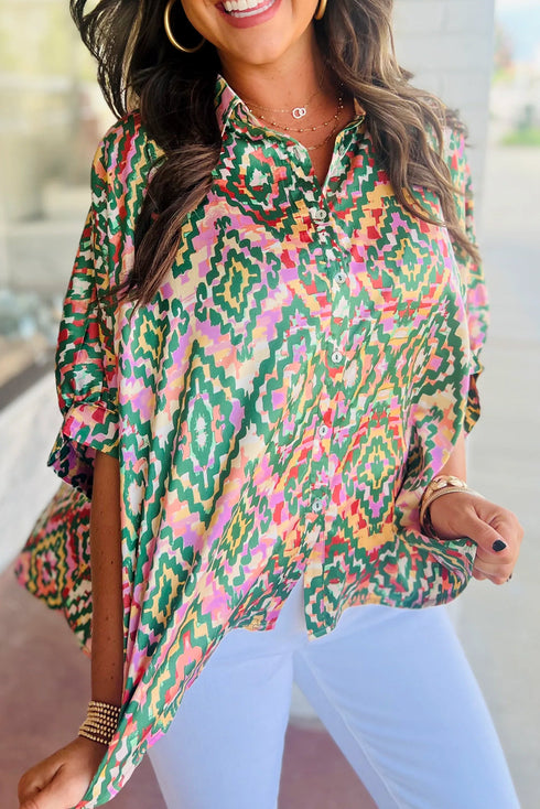 Dark Green Abstract Print Half Sleeve Button up Loose Shirt