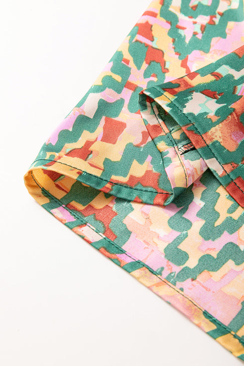 Dark Green Abstract Print Half Sleeve Button up Loose Shirt