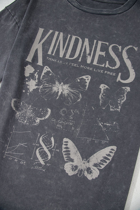 Dark Grey Kindness Butterflies Graphic Mineral Wash Loose Tee