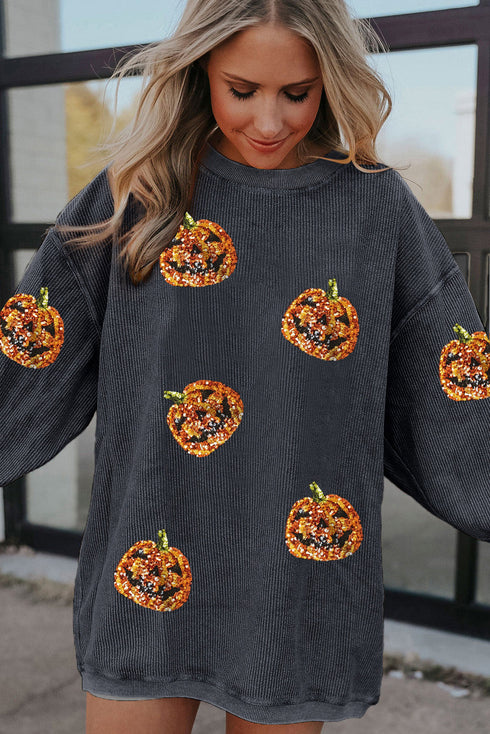 Dark Grey Sequined Halloween Pumpkin Corded Baggy Sweatshirt