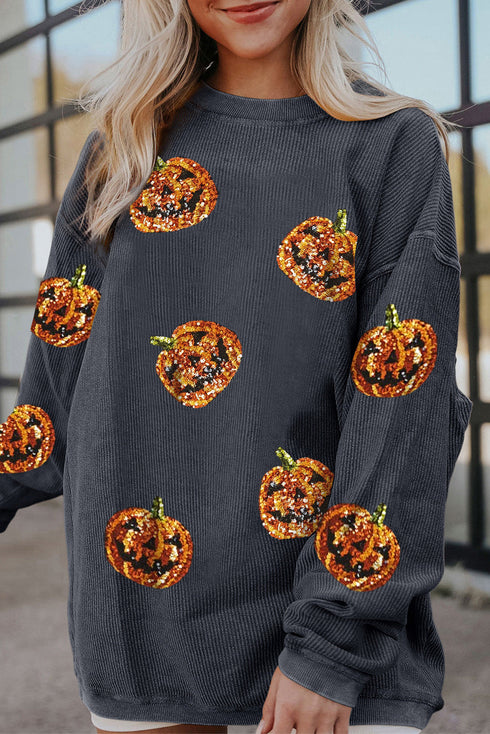 Dark Grey Sequined Halloween Pumpkin Corded Baggy Sweatshirt