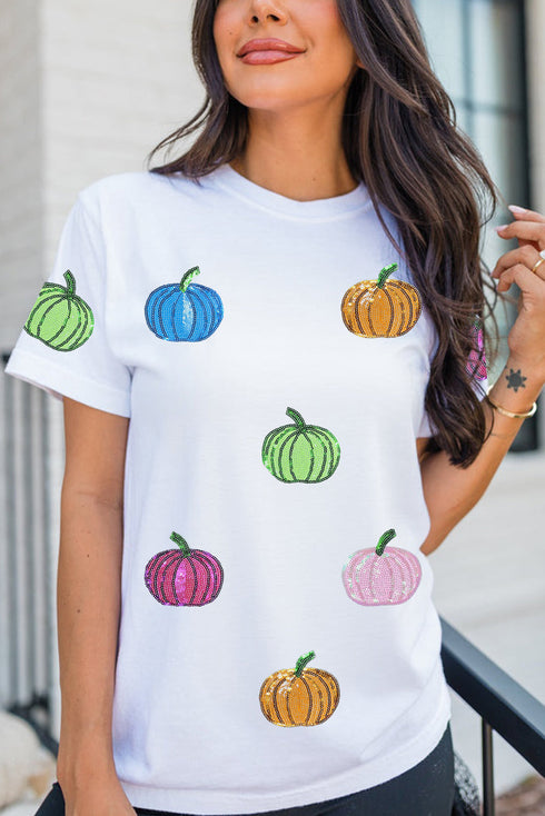 Dazzling Rainbow Sequin Pumpkin Patch Halloween Graphic Tee