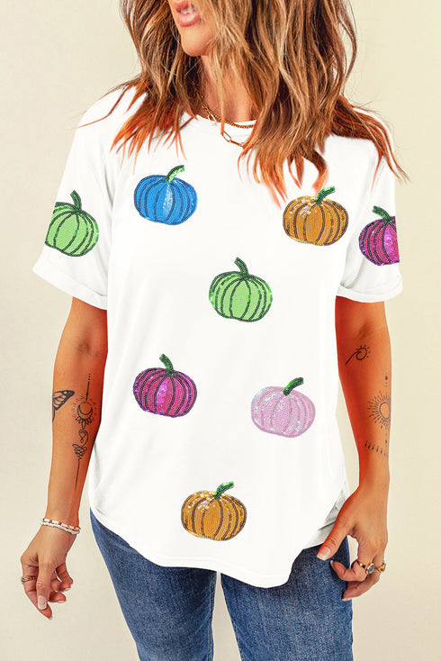 Dazzling Rainbow Sequin Pumpkin Patch Halloween Graphic Tee
