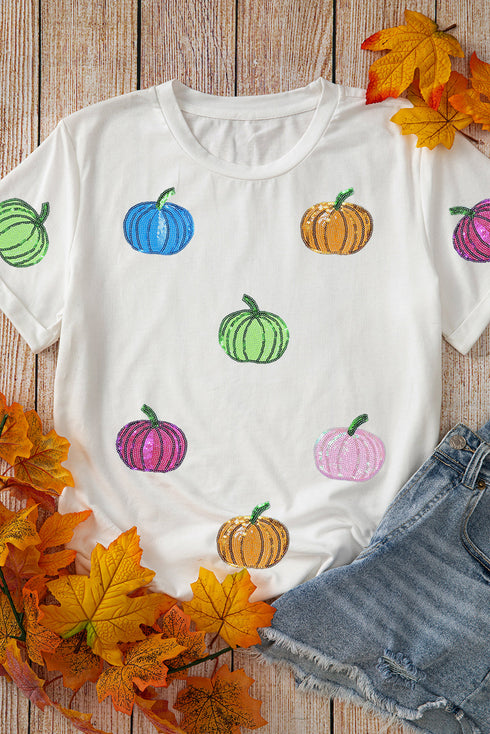 Dazzling Rainbow Sequin Pumpkin Patch Halloween Graphic Tee