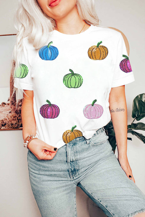 Dazzling Rainbow Sequin Pumpkin Patch Halloween Graphic Tee