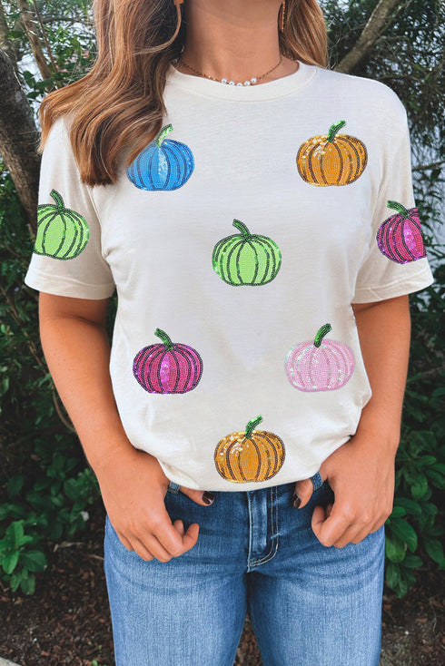 Dazzling Rainbow Sequin Pumpkin Patch Halloween Graphic Tee