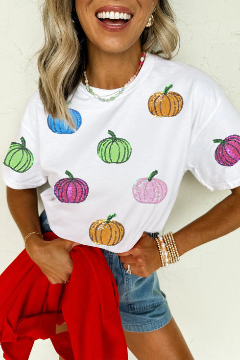Dazzling Rainbow Sequin Pumpkin Patch Halloween Graphic Tee