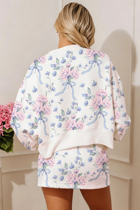 Floral Print Long Sleeve Top Elastic Waist Skort Two Piece Dress Set
