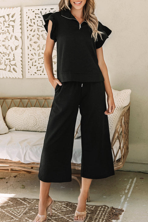 Textured Ruffle Sleeve Top Wide Leg Pant Set