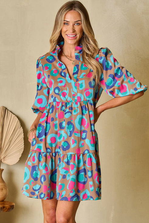 Abstract Animal Print Puff Sleeve Tiered Dress