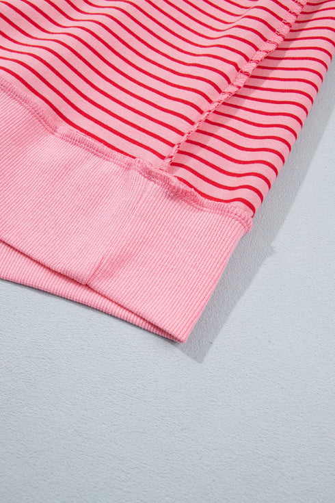 Striped Ribbed Patchwork Mock Neck Baggy Pullover Short Set