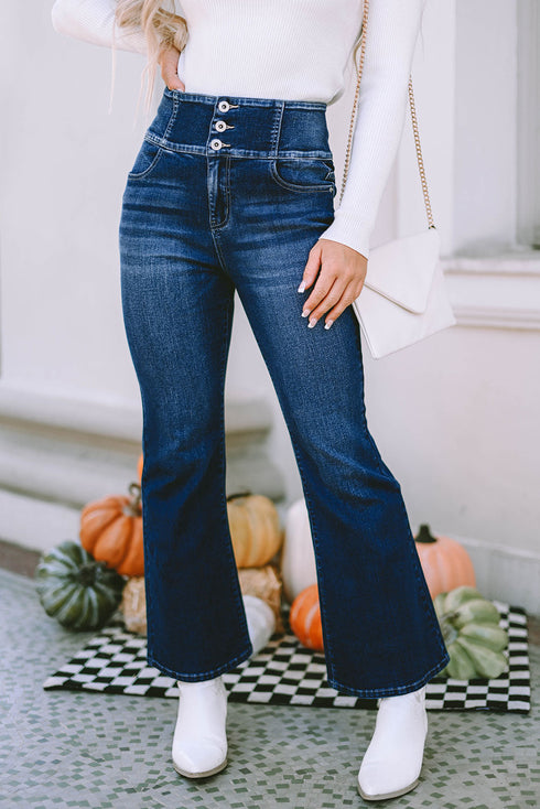 Button Detail Elastic Wide Waistband Flare Denim Jeans
