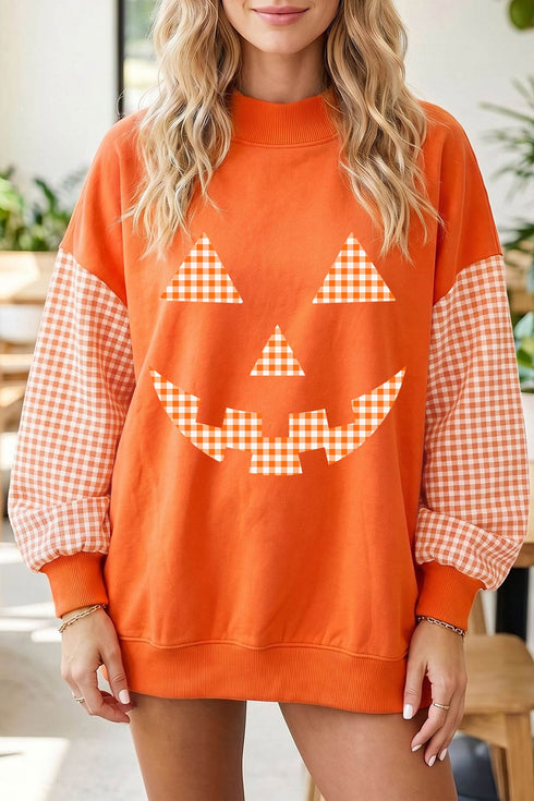 Pumpkin Face Graphic Plaid Pattern Sleeve Sweatshirt