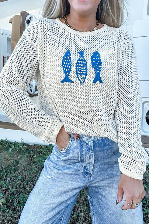 Pure Acrylic Open Knit Fish Embroidered Sweater