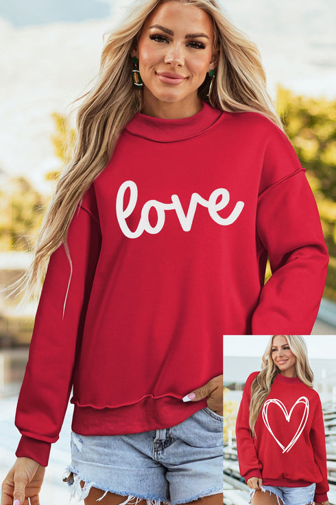 Sketch Heart Graphic Mock Neck Pullover Sweatshirt